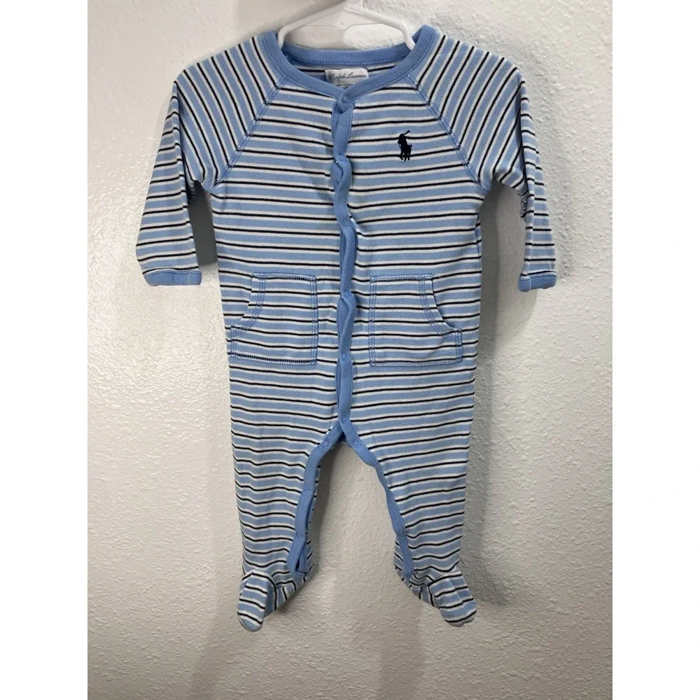 Ralph Lauren Baby Boys Footie Sleep Play Light Blue With Stripes Size 9 Months